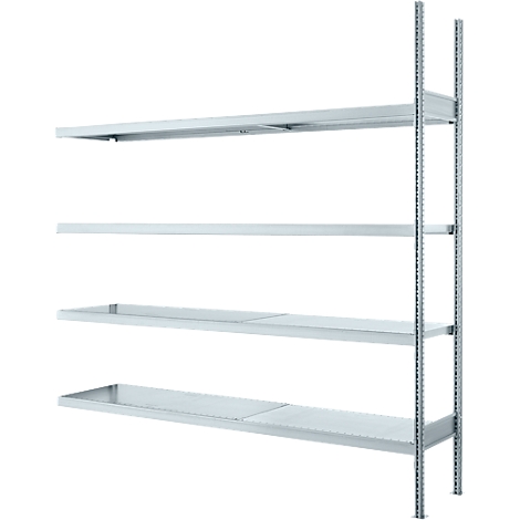 Metal shelving unit with four levels, standing in front of a white background.