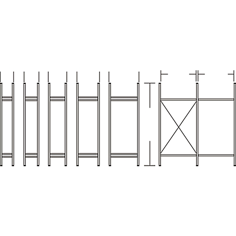 Schematische weergave van een steiger, bestaande uit verticale en horizontale stutten. De structuur wordt gestabiliseerd door diagonale verstevigingen.