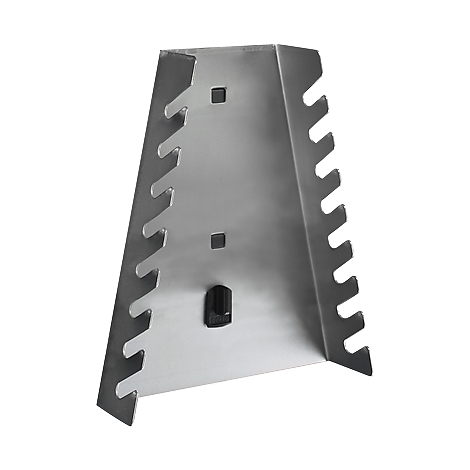 Triangular metal tool rack with cutouts for tools.