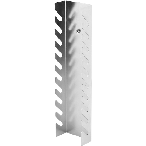 Angular metal part with zigzags and cutouts. It has a silver color and looks robust.