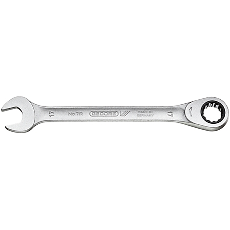 A silver 17mm combination wrench with open jaw and ratchet head. Inscription: Gedore, Made in Germany.