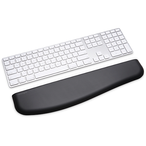 Silver keyboard with black wrist rest, both on white background. The keyboard is rectangular and has white keys. The wrist rest is ergonomically shaped.