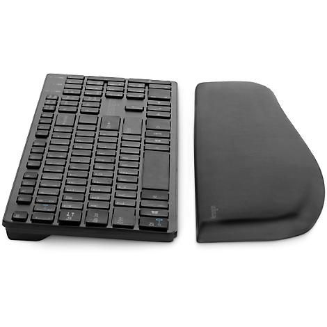 Black split keyboard with a palm rest. Letters and symbols are visible on the keys.