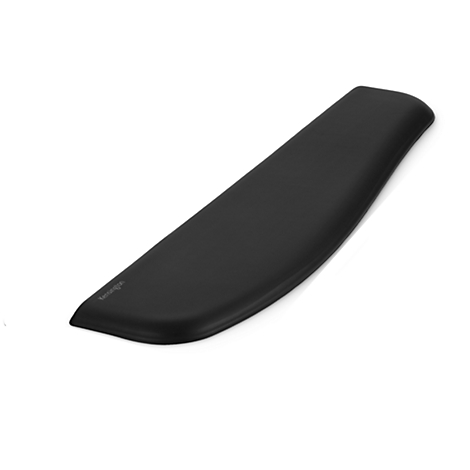 Black, ergonomic wrist rest for keyboard. Small "Kensington" is written on the rest.