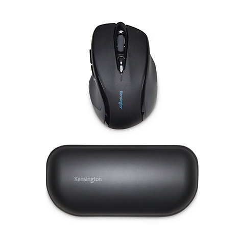 Black mouse with hand rest, both on white background. Mouse with brand name.