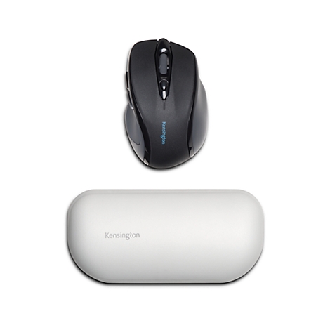 Black computer mouse and white wrist pad on a white background. Kensington is written on the mouse.