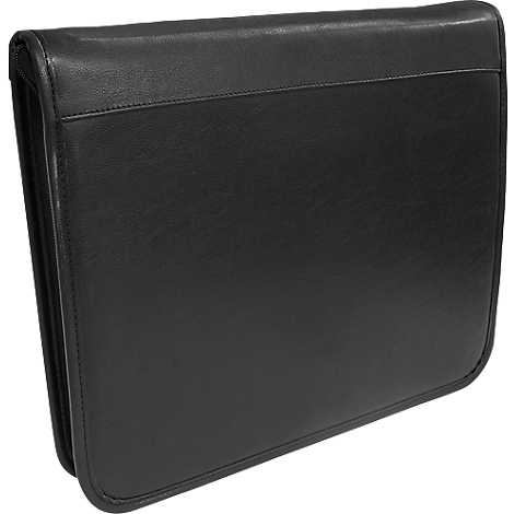 Black leather folder, photographed slightly diagonally from the front. The folder is closed, with subtle stitching.