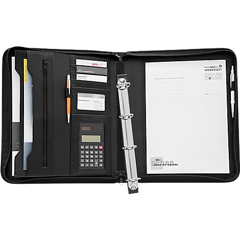 Black leather portfolio with zipper, filled with notepaper, pens, calculator, business cards and a binder.