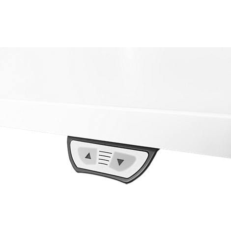 Close-up of controls of an electric height-adjustable desk. Up and down arrows and a line to show.