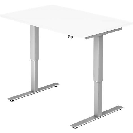 A white, height-adjustable desk with silver legs against a light background.