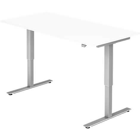 A white, height-adjustable desk with silver legs. The tabletop is rectangular.