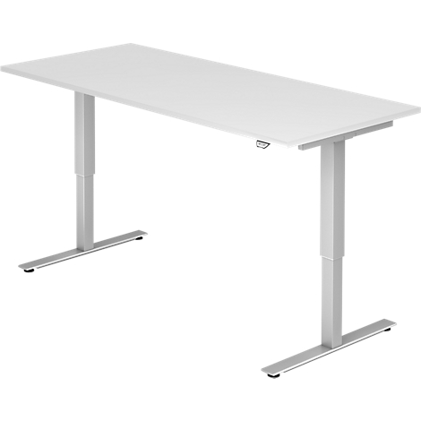 A white, height-adjustable desk with silver legs stands against a white background.