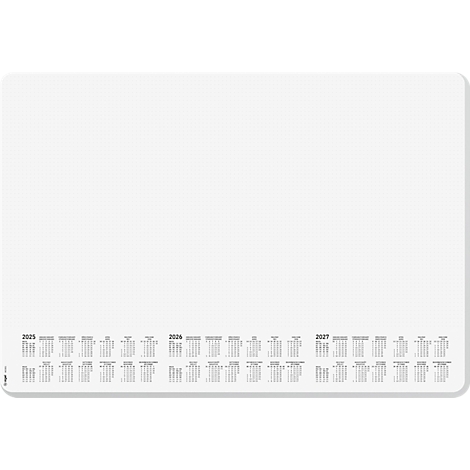 A white mousepad with a calendar for the years 2025, 2026, and 2027.