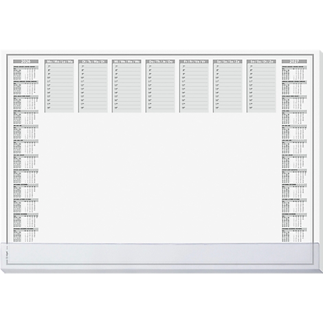 White annual planner board. Top has monthly overviews, left and right have annual calendars. Bottom edge with shelf.