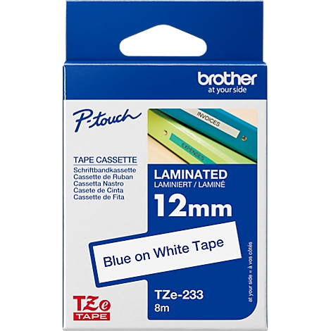 Blue and white label cassette packaging. Brother and P-touch logo. "TAPE CASSETTE 12mm" and "BLUE ON WHITE TAPE" are printed on it.