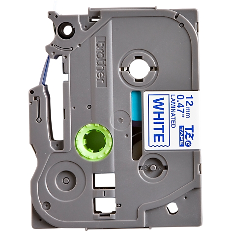A white Brother label tape cartridge. The label reads "WHITE, 12mm, 0.47" TZe Tape".