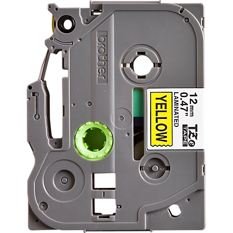 Gray Brother label tape refill with yellow text. Text: YELLOW, 12mm, 0.47" Laminated TZe Tape.
