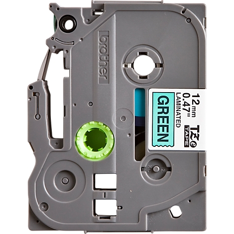 Gray Brother TZe tape cartridge with green tape. Text: GREEN, 12 mm, 0.47".