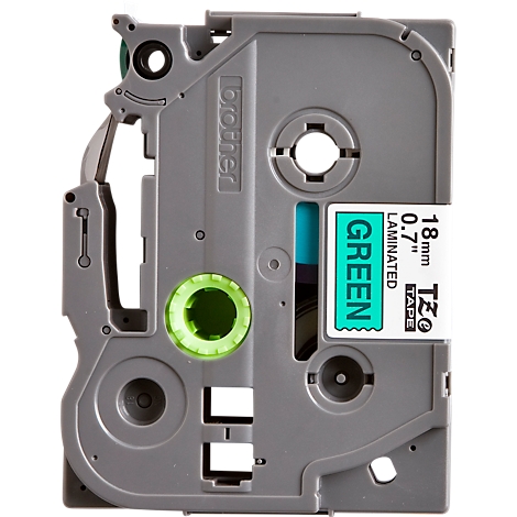 Gray label cassette with green label, 'GREEN', '18mm 0.7' Laminated' and 'TZe TAPE' logo.