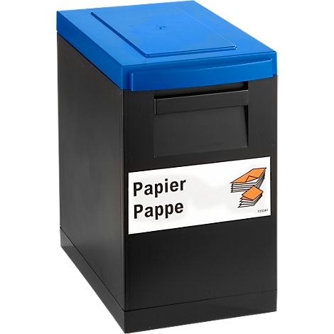 Black paper and cardboard bin with blue lid and a white label "Papier Pappe".