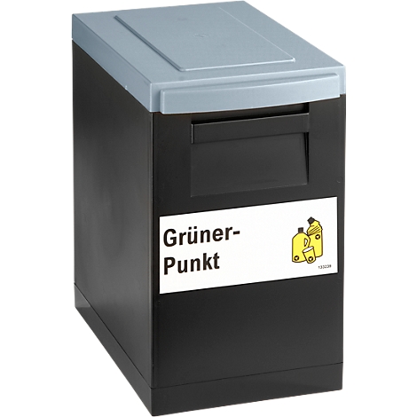 Black waste container with gray lid and "Grüner Punkt" sticker.