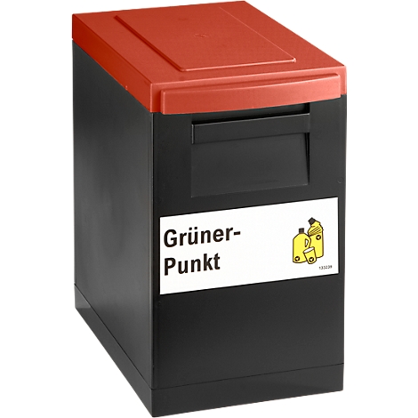 Black waste container with red lid. Sticker with 'Grüner Punkt' and pictogram.