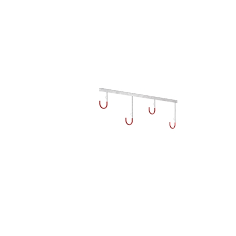 Bicycle rack with four red hooks, attached to a silver bar.