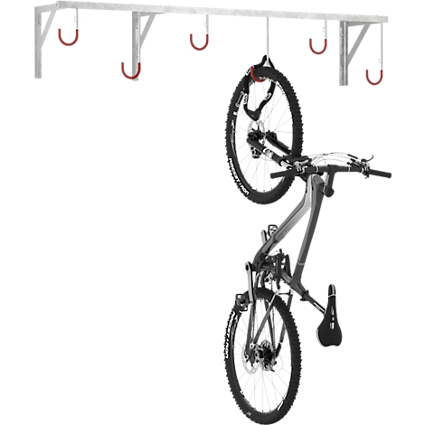 Bike on a wall mount. Gray mount with red hooks. Bike is vertically suspended.