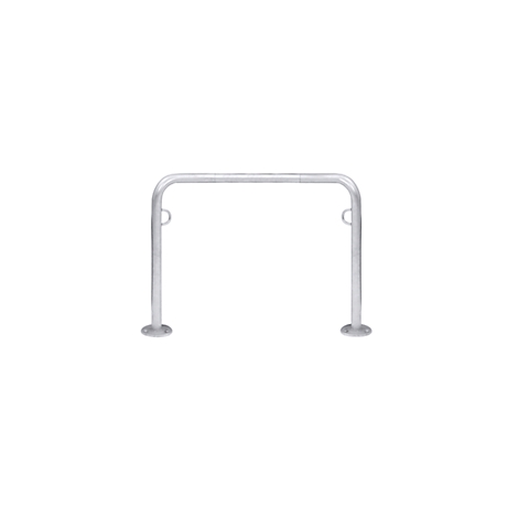 Metal bike rack, U-shaped, on a white background. Round hooks are attached to the upper ends.