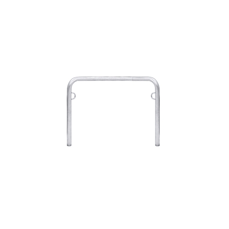 A silver U-shaped bicycle stand against a white background.