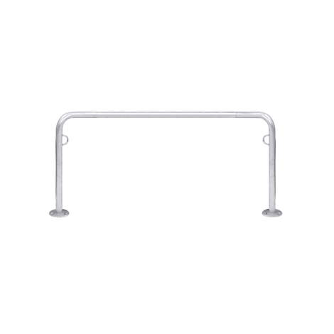 Metal bicycle rack. U-shaped, with round base plates. Smaller rings on the sides.