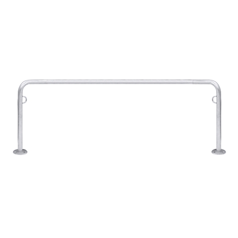 Silver U-shaped bike rack against a white background.