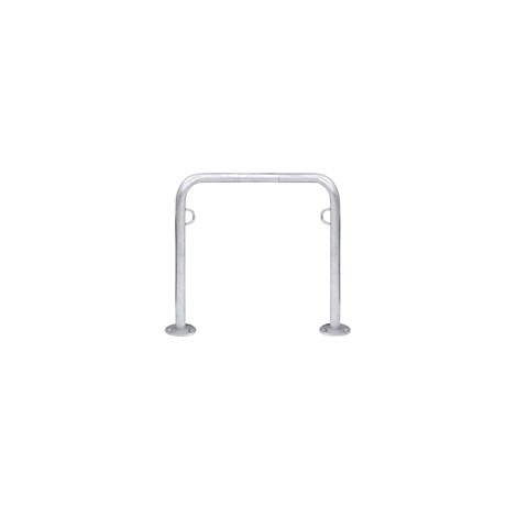 Metal bike rack, U-shaped, with two attachment points and round base plates.