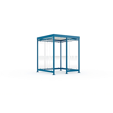 Blauw metalen paviljoen, transparante muren, witte achtergrond.