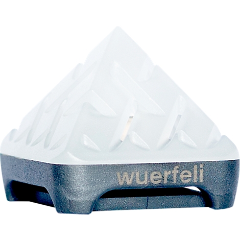 Un objet blanc en forme de pyramide avec une base grise. Le mot "wuerfeli" est gravé.