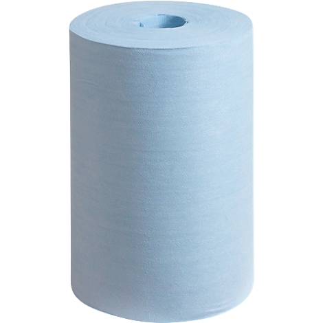 Lichtblauwe papieren rolbundel op een witte achtergrond, van bovenaf gezien met een gat in het midden.