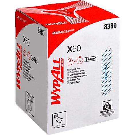 A rectangular box labeled "Wypall X60". Red and white color scheme. Product information and icons.