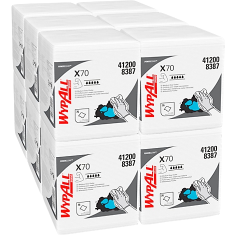 Mehrere weiße Reinigungstücher-Pakete. Aufgedruckt sind Produktinformationen und das Logo 'WYPALL'.