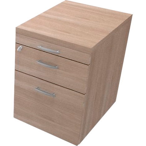 A wooden rolling cabinet with three drawers and a lock.