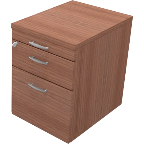 Light brown desk container with three drawers and silver handles.
