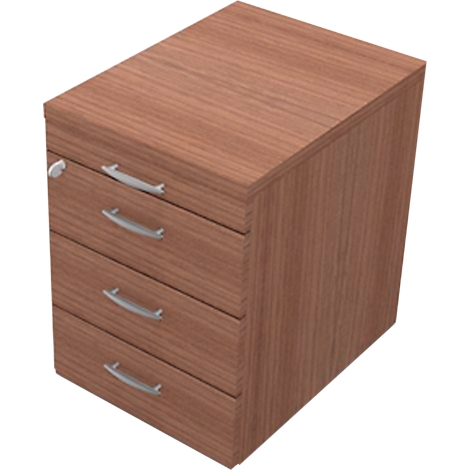 Wooden file cabinet with three drawers and silver handles.