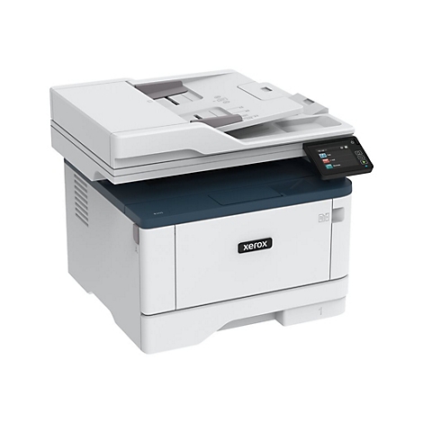 WeiÃŸ-blauer Xerox-Multifunktionsdrucker. Auf dem Bedienfeld werden Symbole angezeigt.