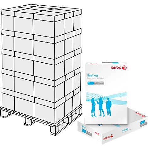 Paper stack on pallet, next to paper packs with "Business" logo and Xerox brand.