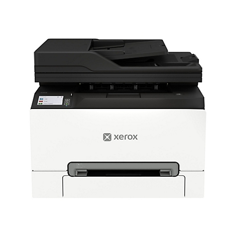 Kompakter weiß-schwarzer Xerox Laserdrucker mit Display, von vorne gesehen auf weißem Hintergrund.