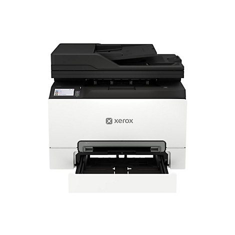 Xerox Multifunktionsdrucker in Weiß und Schwarz mit geöffnetem Papierfach auf weißem Hintergrund.