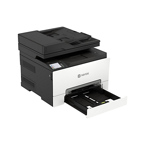 Xerox Multifunktionsdrucker in Weiß und Schwarz mit ausgezogenem Papierfach vor weißem Hintergrund.
