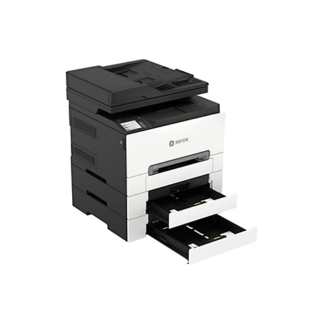 Xerox Multifunktionsdrucker in Weiß und Schwarz mit zwei geöffneten Papierkassetten auf weißem Hintergrund.