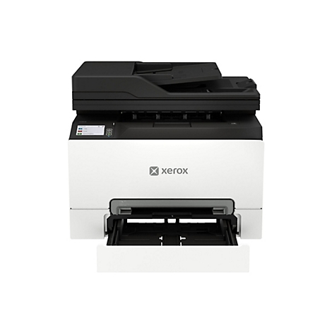Xerox Multifunktionsdrucker in Weiß und Schwarz mit offener Papierkassette vor neutralem Hintergrund.