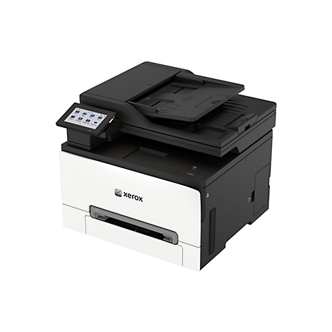 Kompakter Xerox C305 Multifunktionsdrucker in Schwarz und Weiß mit Touchscreen-Display auf weißem Hintergrund.