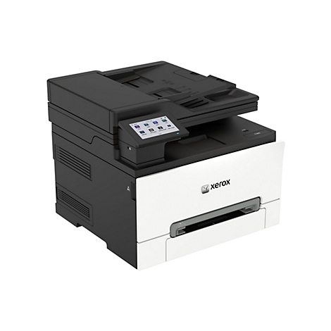 Kompakter Xerox C305 Farblaserdrucker mit weißer Front und schwarzem Gehäuse vor weißem Hintergrund.
